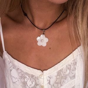 black leather flower pearl choker